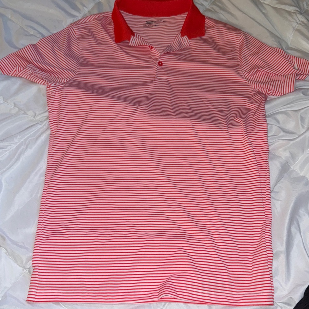 Nike Dri-Fit Golf Polo Shirt with a red/orange white striped pattern 
Mens Small